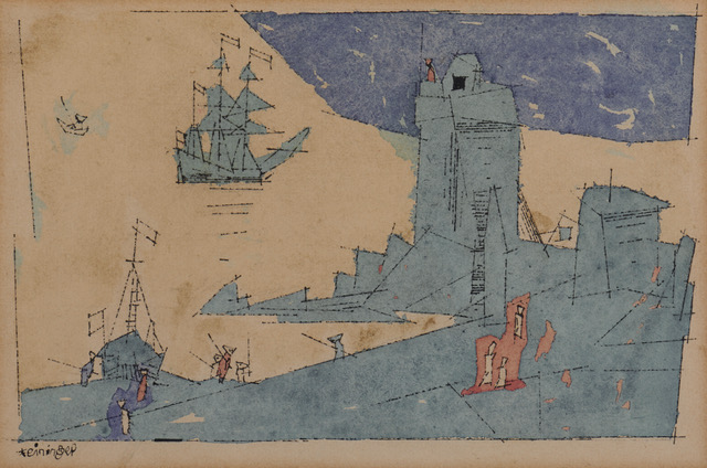 Lot 108: Lyonel Feininger,  The Watch Tower, 1947, watercolor and ink, 6 1/4 x 9 7/8 in.