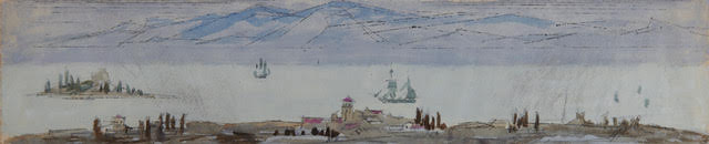  Lot 110: Lyonel Feininger,  Untitled (Marine View), 1949, watercolor and ink, 5 1/8 x 24 in. 