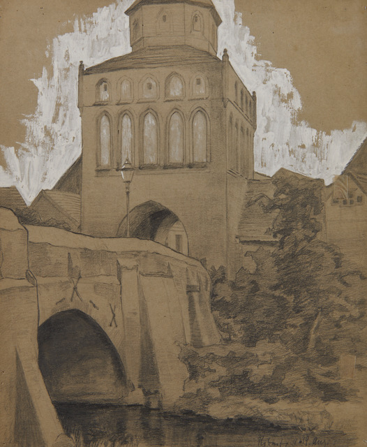 Lot 113: Lyonel Feininger,  Untitled (Ribnitz Town Gate), pencil heightened with white, 13 1/2 x 10 7/8 in.